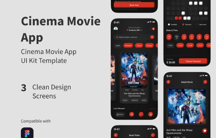 Cinema Movie App UI Kit Template  - Free Figma Template