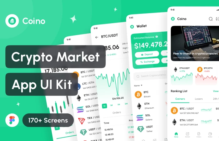 Coino - Crypto Trading, Crypto Market App UI Kit  - Free Figma Template