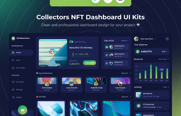 Collectors NFT Dashboard UI Kits Template  - Free Figma Template