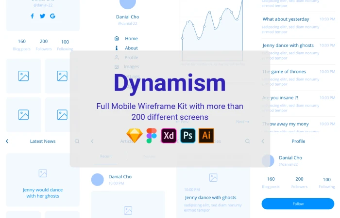 Dynamism  Mobile Wireframes Kit  - Free Figma Template