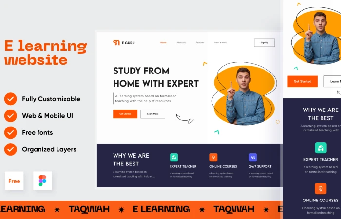 E-learning Educational Website Landing Page UI UX Design With Responsive Version  - Free Figma Template