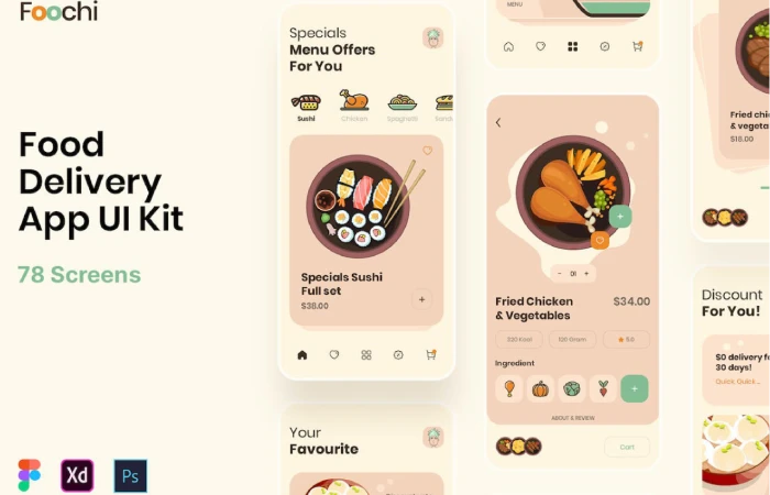 Foochi - Food Delivery App UI Kit  - Free Figma Template