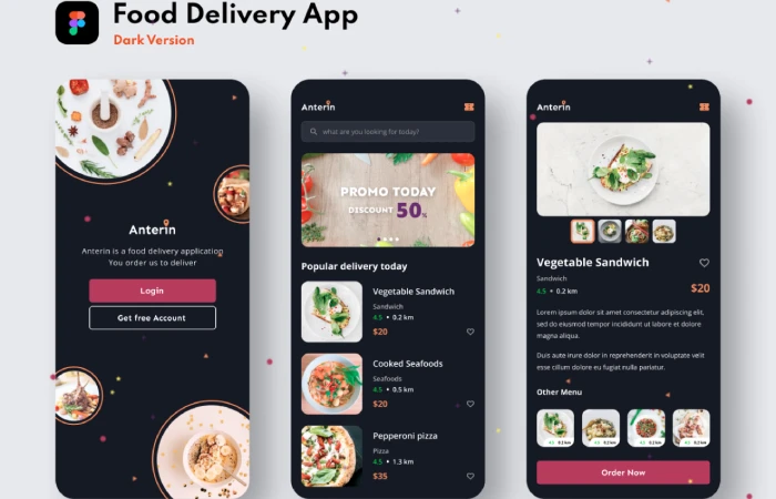 Food Delivery App Dark Version  - Free Figma Template