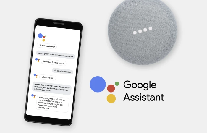 Google Assistant mockup and Google Home Mini device  - Free Figma Template