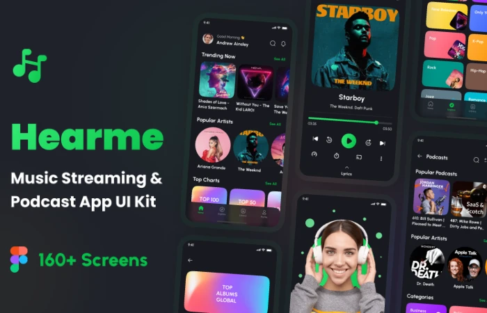 Hearme - Music Streaming & Podcast App UI Kit  - Free Figma Template
