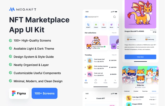 MEGANFT - NFT Marketplace App UI Kit  - Free Figma Template