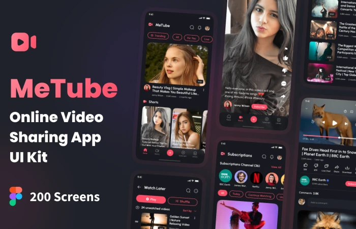 MeTube - Online Video Sharing App UI Kit  - Free Figma Template
