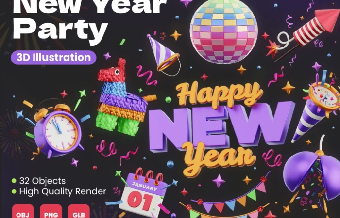 New Year party 3d illustration FREE  - Free Figma Template
