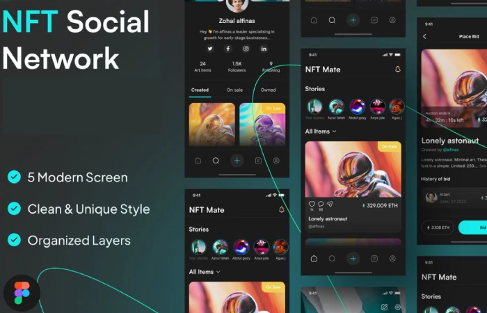NFT Social Network Mobile App UI Kit  - Free Figma Template