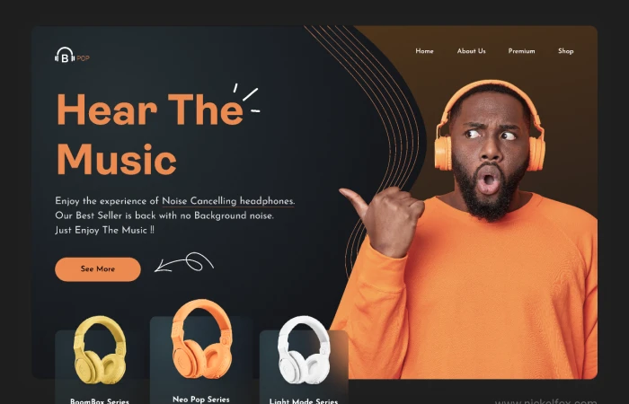 Noise Cancelling Headphone Landing Page.  - Free Figma Template