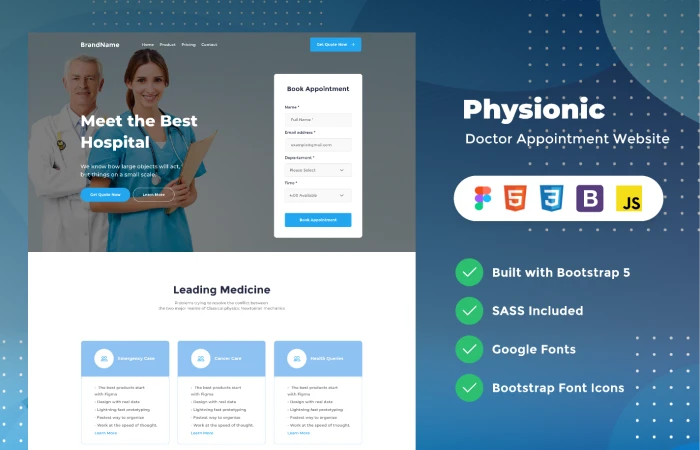 Physionic- Doctor Appointment Website Template (HTML + FIGMA)  - Free Figma Template
