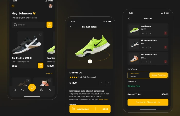 Shoe Store App UI Kit Dark V2  - Free Figma Template