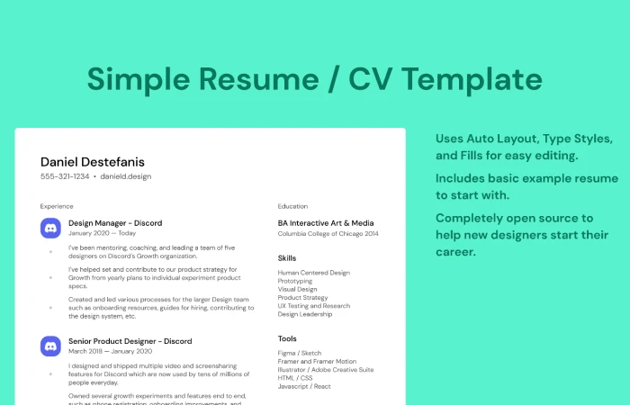 Simple Resume/CV Template  - Free Figma Template