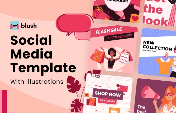 Social Media Template with Shopaholics Illustrations  - Free Figma Template