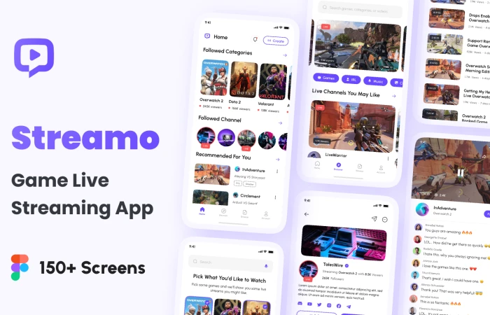 Streamo - Game Live Streaming App UI Kit  - Free Figma Template