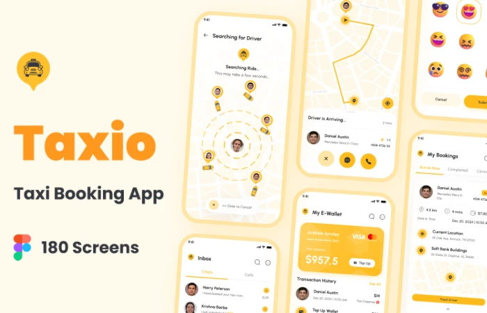 Taxio - Taxi Booking App UI Kit  - Free Figma Template