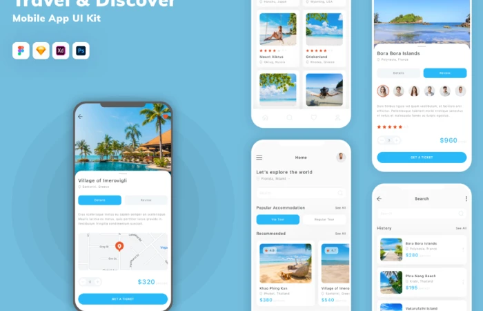 Travel & Discover Mobile App UI Kit  - Free Figma Template