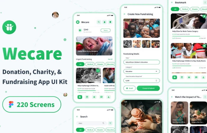 Wecare - Donation, Charity, & Fundraising App UI Kit  - Free Figma Template