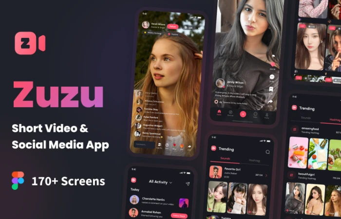 Zuzu - Short Video & Social Media App UI Kit  - Free Figma Template
