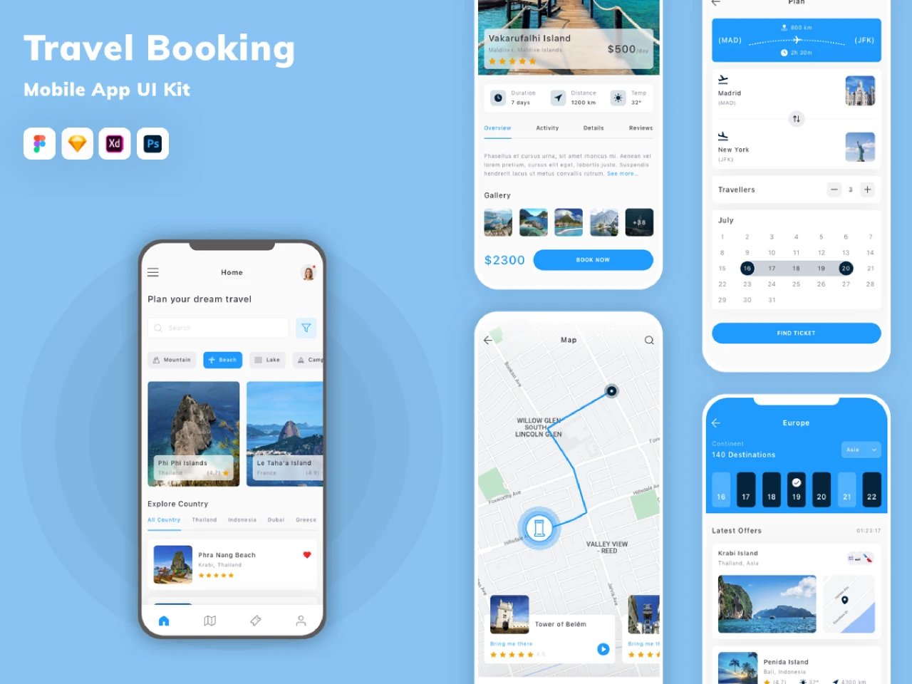 Travel Booking Mobile App UI Kit for Figma and Adobe XD