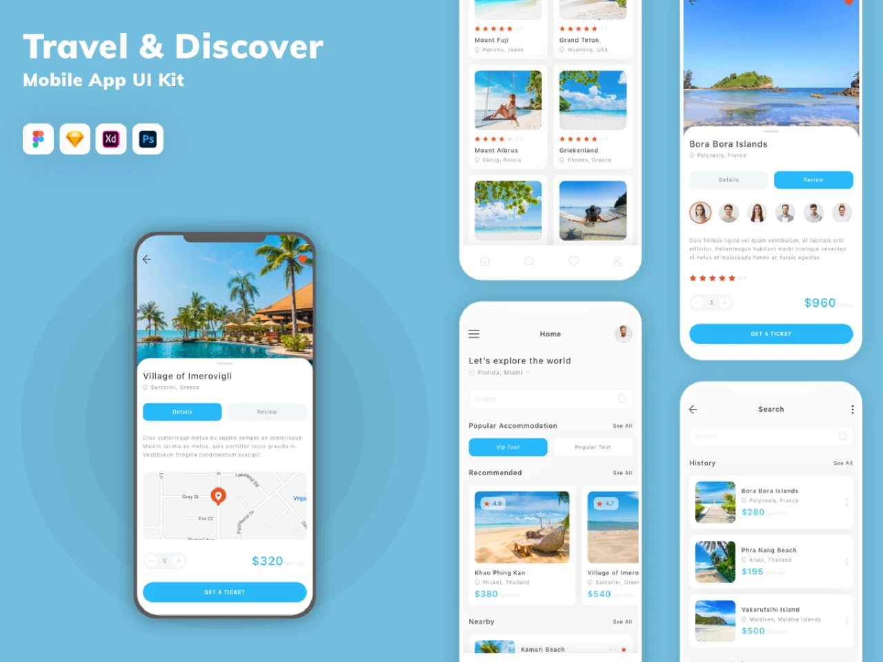 Travel & Discover Mobile App UI Kit for Figma and Adobe XD