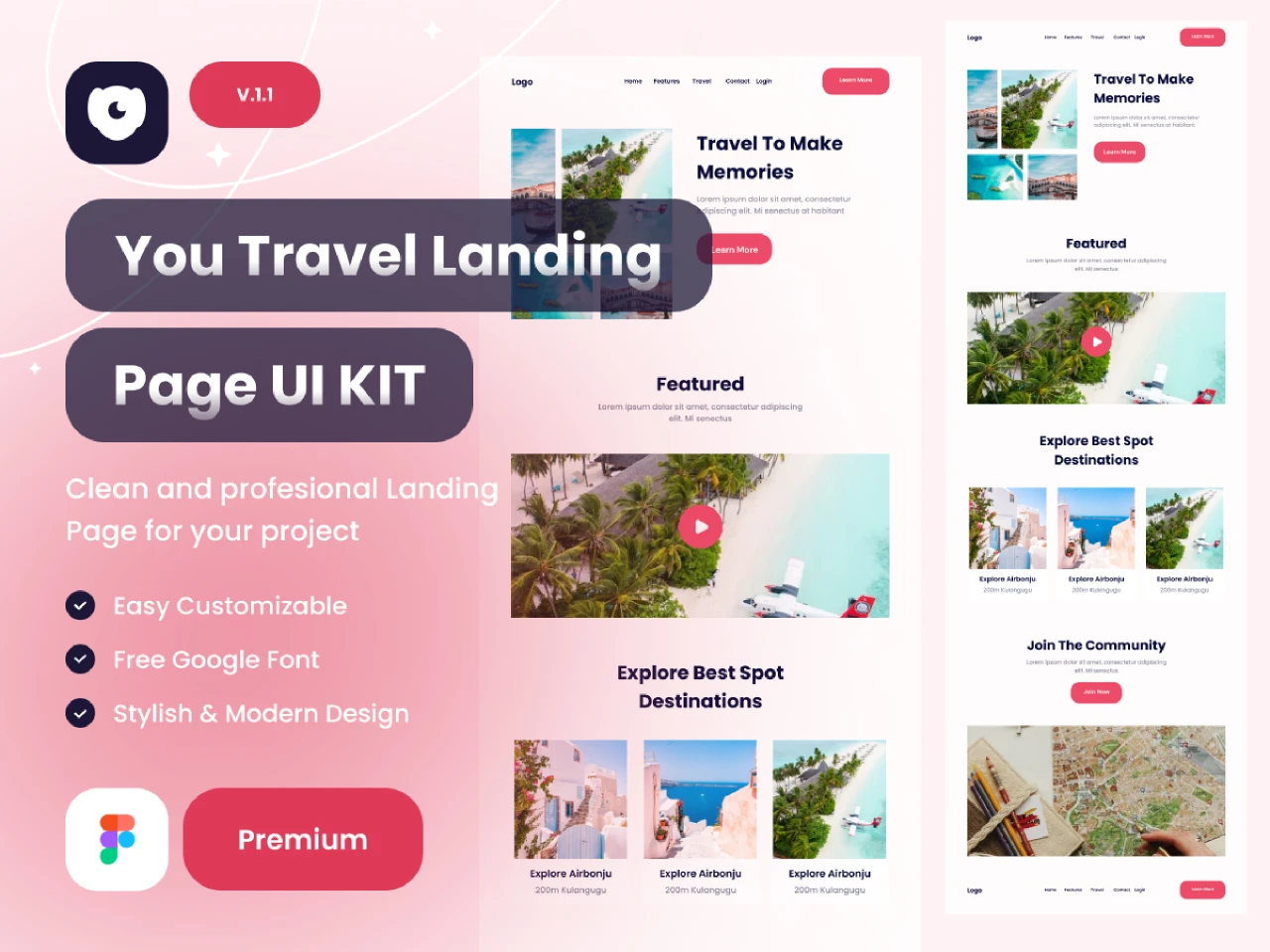 Travel landing page ui kits for Figma and Adobe XD