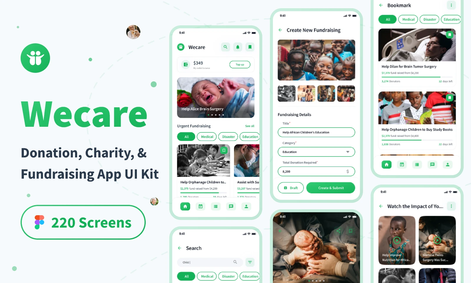 Wecare - Donation, Charity, & Fundraising App UI Kit for Figma and Adobe XD