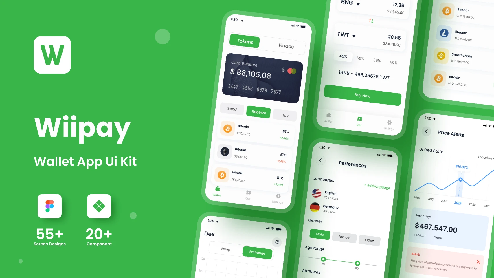 Wiipay - Crypto Blockchain Exchange Wallet Mobile App UI UX Design UI Kit for Figma and Adobe XD