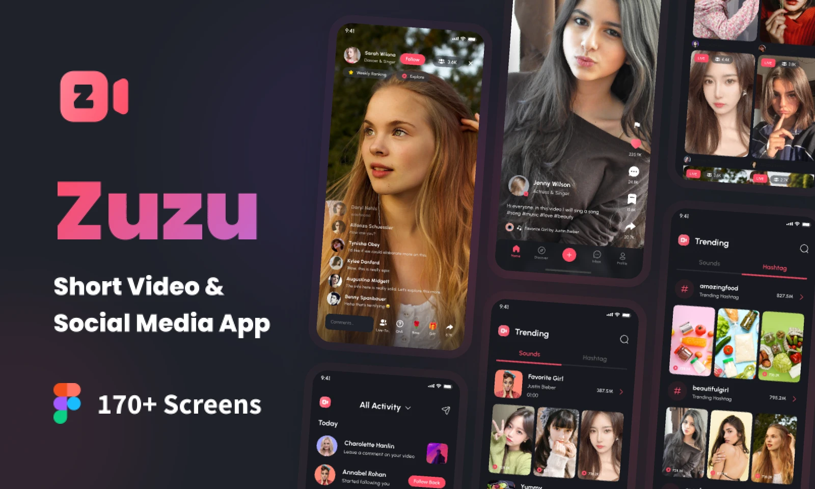 Zuzu - Short Video & Social Media App UI Kit for Figma and Adobe XD